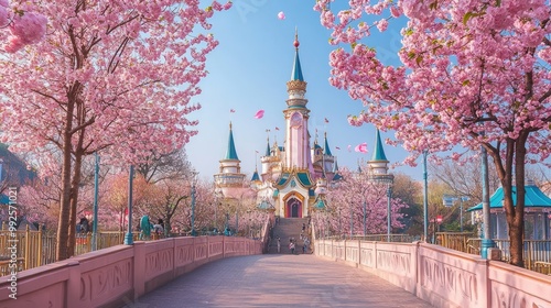 Lotte World Amusement Park with cherry blossoms in full bloom, the iconic Magic Castle framed by pink flowers under a clear blue sky, capturing spring in Seoul