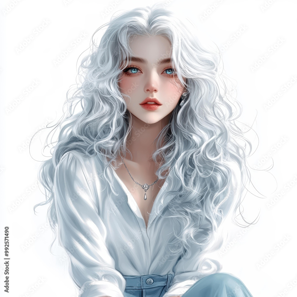Fototapeta premium A young woman with flowing white curls, bright silver eyes, and an elegant Victorian shirt, embodies grace in anime style.