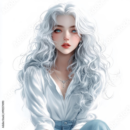 A young woman with flowing white curls, bright silver eyes, and an elegant Victorian shirt, embodies grace in anime style.