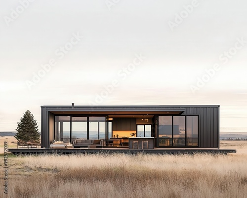 Minimalist container kitchen exterior with clean lines, large glass windows, and a serene field