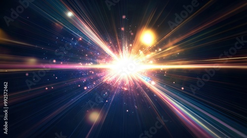 Luminous lens flare bursting from a central point on a black background, with vibrant beams of light and soft halos, perfect for adding visual drama