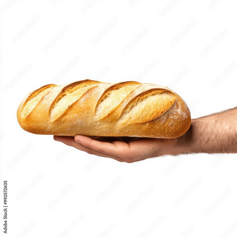 Hand holding a French bread loaf, isolated on a white background, showcasing the texture and crust of the bread. Hand holding a French bread loaf, isolated on a white background, showcasing the texture and crust of the bread.