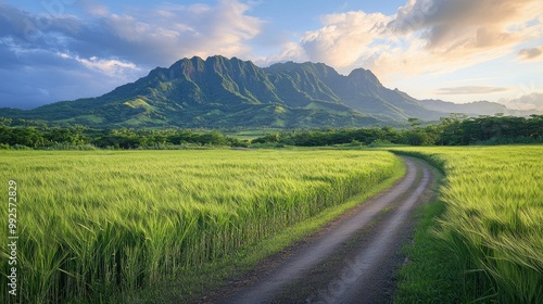 Lush barley fields surround a farm road on Gapado Island, with the towering peaks of Mt. Sanbang and Mt. Halla providing a dramatic backdrop. photo