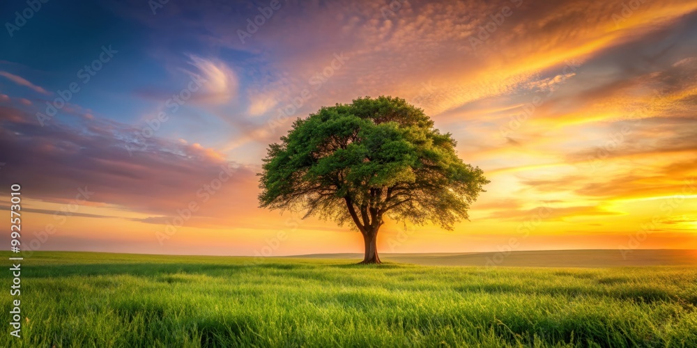 Fototapeta premium Single tree in grassy field at sunset with cloudy sky, nature, landscape, tree, grass, field, sunset, clouds, sky