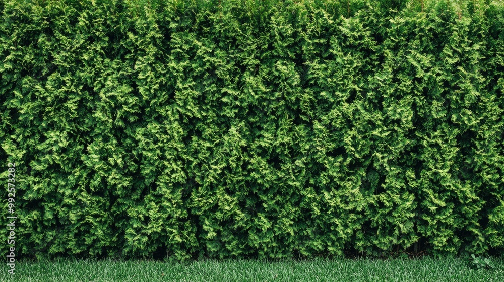 Obraz premium Lush green hedge of thuja trees, creating a serene and natural wall in a landscaped garden. Perfect for nature and landscape photography.