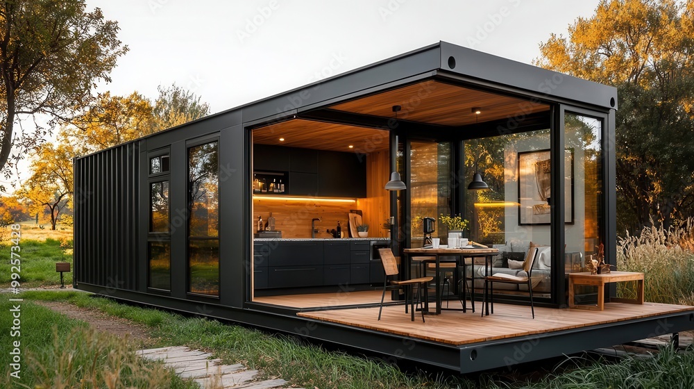 Modern container kitchen exterior with steel and wood, large windows, and a meadow backdrop Modern container kitchen exterior with steel and wood, large windows, and a meadow backdrop
