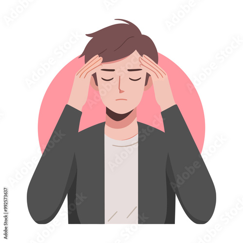 Young man with headache flat cartoon vector illustration