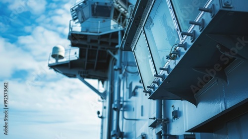 A close-up of the control tower on an aircraft carrier.