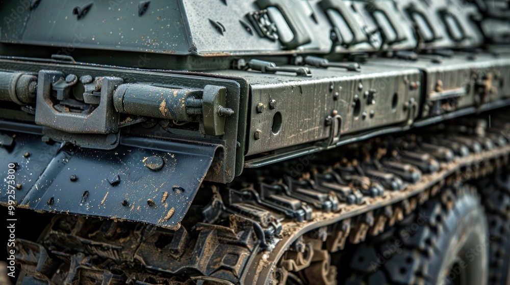 A close-up of the protective armor on a carrier vehicle. A close-up of the protective armor on a carrier vehicle.