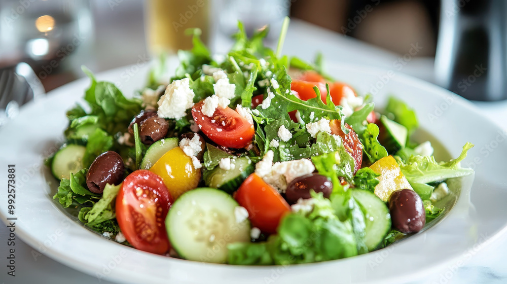 A vibrant Greek salad composed of lettuce, tomatoes, cucumbers, red onions, Kalamata olives, and feta cheese served on a rustic plate. A vibrant Greek salad composed of lettuce, tomatoes, cucumbers, red onions, Kalamata olives, and feta cheese served on a rustic plate.