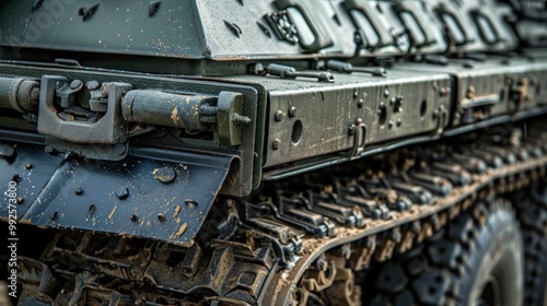 A close-up of the protective armor on a carrier vehicle.