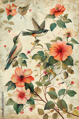 Vintage botanical illustrations of flowers, leaves, and birds