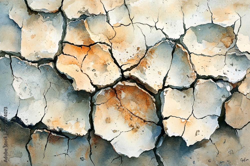 Watercolor painting of the detailed texture of cracked earth or dry mud Watercolor painting of the detailed texture of cracked earth or dry mud