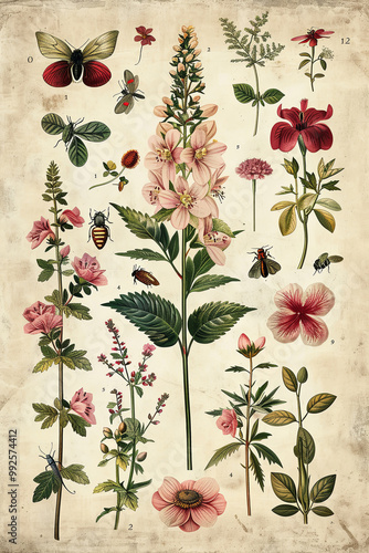 Vintage-style botanical illustration featuring medicinal plants, flowers, and insects