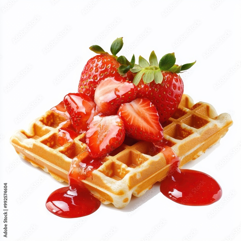 Oozing strawberry sauce on an isolated waffle with a white background, rich detail. Oozing strawberry sauce on an isolated waffle with a white background, rich detail.