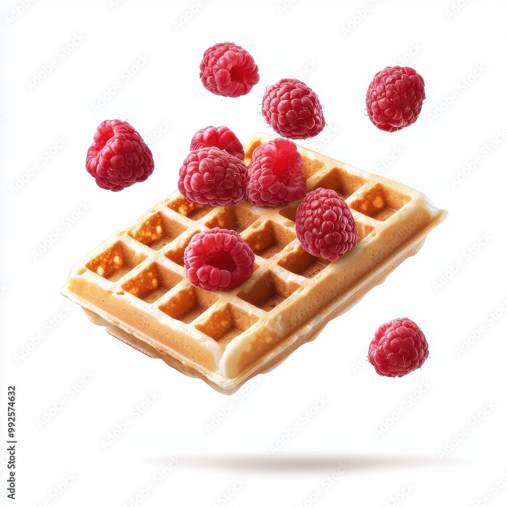 Flying waffle with raspberries, isolated against a white background, dynamic and fun. Flying waffle with raspberries, isolated against a white background, dynamic and fun.