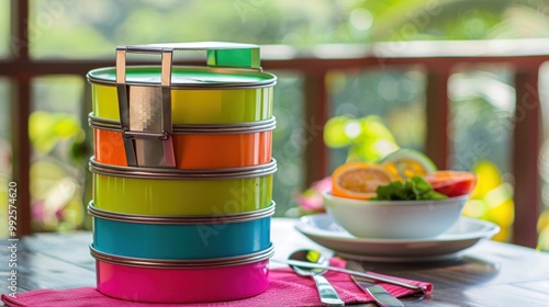 A colorful tiffin carrier set on a dining table. photo