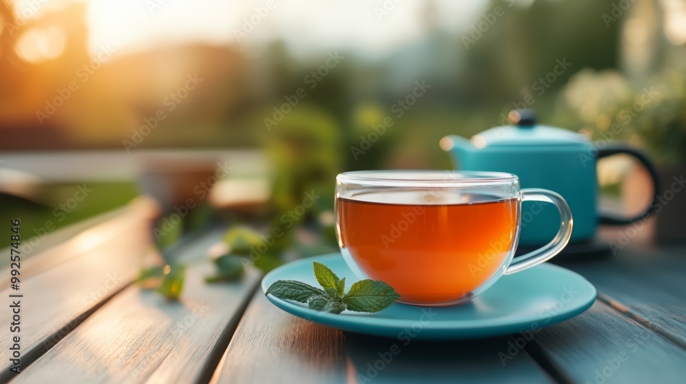 An outdoor tea party setup with beautifully arranged cups of herbal tea on a wooden table, as guests engage in lively conversation amid a garden backdrop. 
