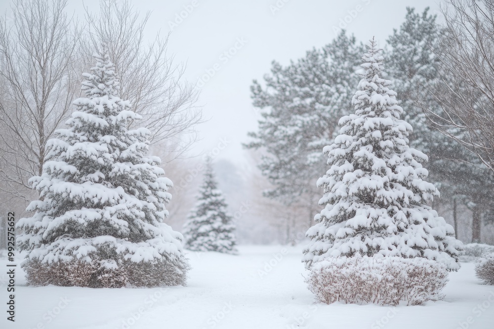 Snow-Covered Trees and Park in Soft-Focus Winter Landscape, Romantic White Scene Snow-Covered Trees and Park in Soft-Focus Winter Landscape, Romantic White Scene