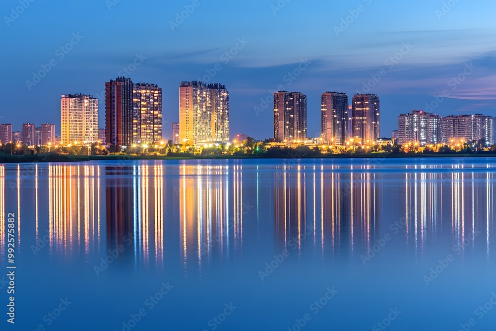 Fototapeta premium City Skyline Reflected in Water at Dusk