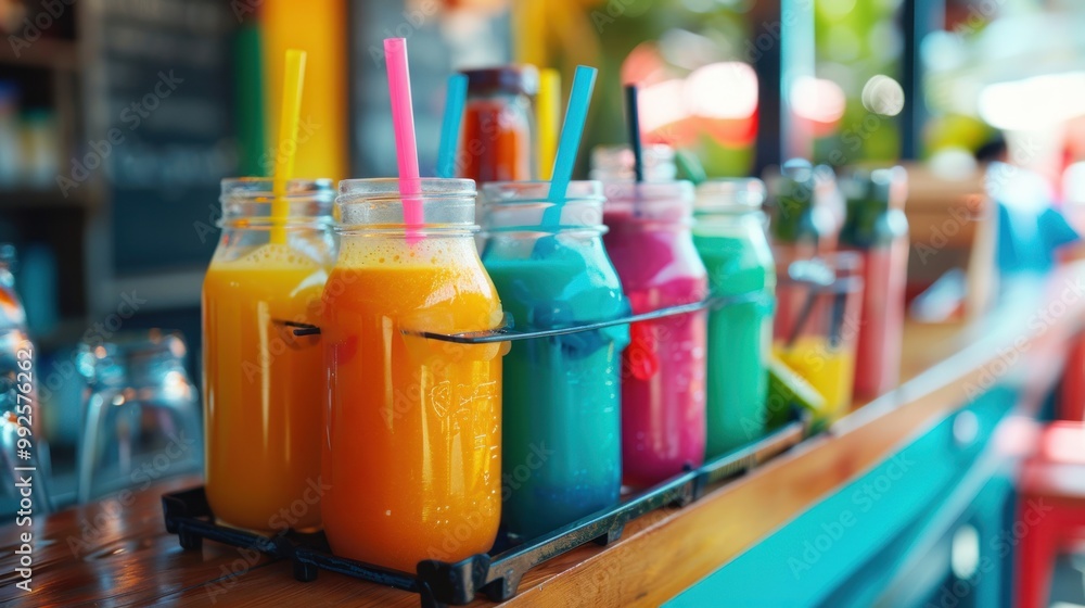 A drink carrier with colorful smoothies in a cafe. A drink carrier with colorful smoothies in a cafe.