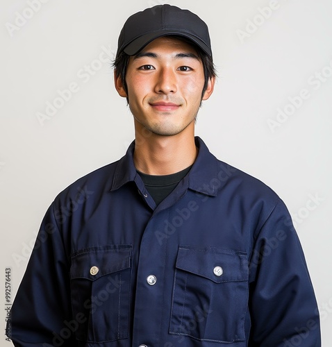 A young man in navy coveralls smiles brightly, showcasing a casual yet professional look against a clean white backdrop.