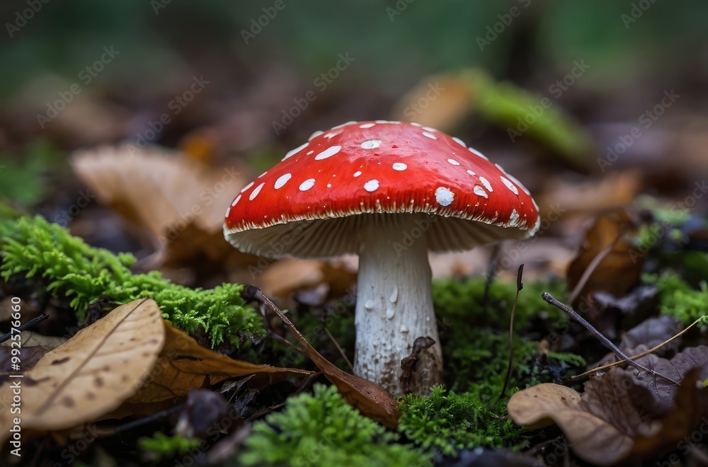Vibrant Red Mushrooms Growing on Moss in a Forest Vibrant Red Mushrooms Growing on Moss in a Forest