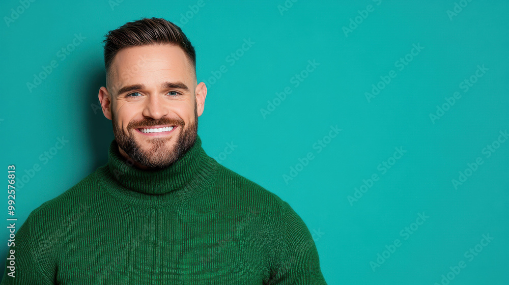 A cheerful man in a green sweater smiles against a blue background, radiating happiness and warmth. Perfect for lifestyle ads A cheerful man in a green sweater smiles against a blue background, radiating happiness and warmth. Perfect for lifestyle ads