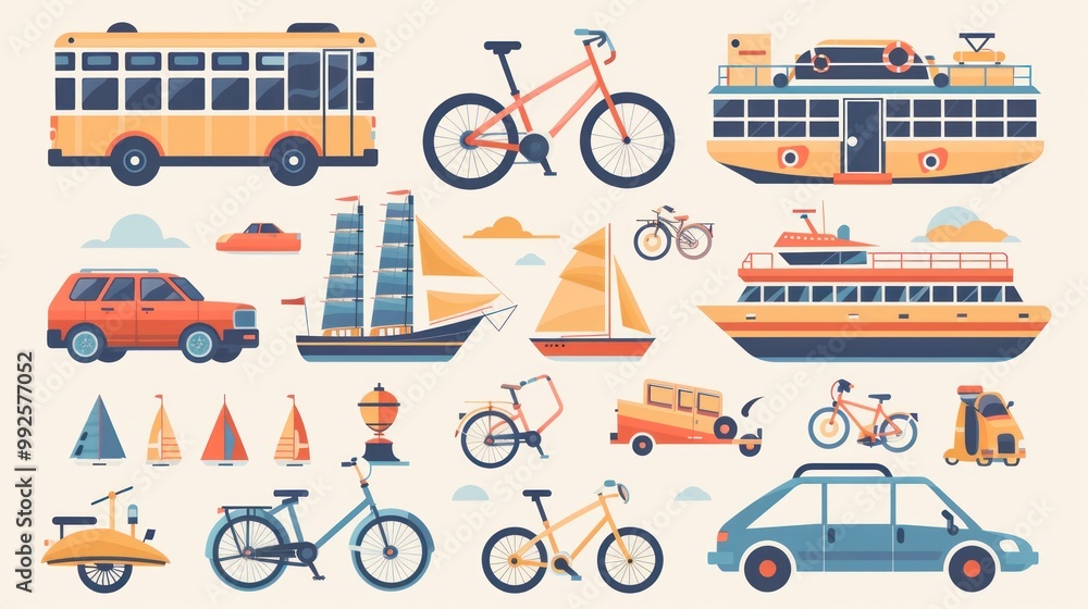 A flat design set of transportation icons including cars, bicycles, and ships. A flat design set of transportation icons including cars, bicycles, and ships.
