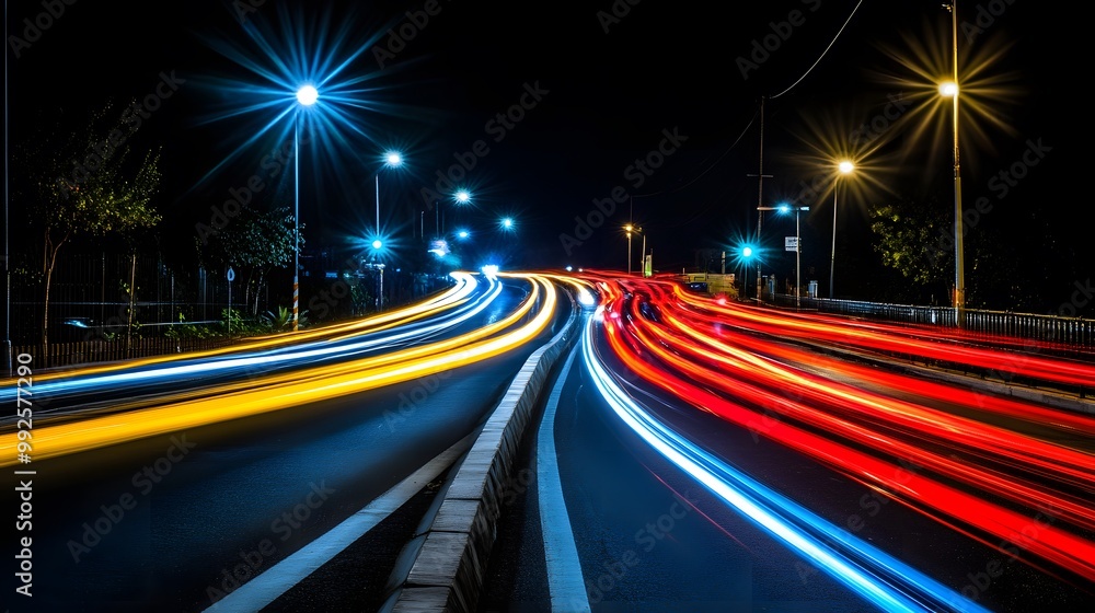 Night City Street with Light Trails and Streetlights Night City Street with Light Trails and Streetlights