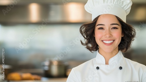 A joyful female chef stands proudly in her kitchen, showcasing her passion for cooking with a bright smile.