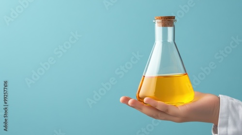 Little kid's hand holding an Erlenmeyer flask filled with yellow liquid against a light-blue background with copy space, emphasizing scientific exploration and childhood curiosity.