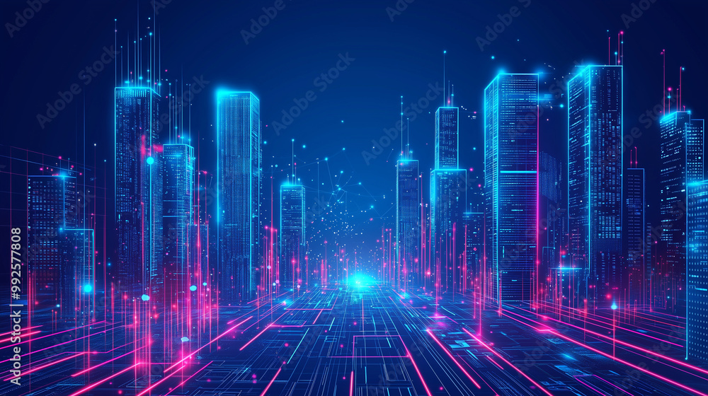 Futuristic Digital Cityscape with Holographic Skyscrapers and Data Streams on Dark Blue Background - Vector Illustration Concept Futuristic Digital Cityscape with Holographic Skyscrapers and Data Streams on Dark Blue Background - Vector Illustration Concept