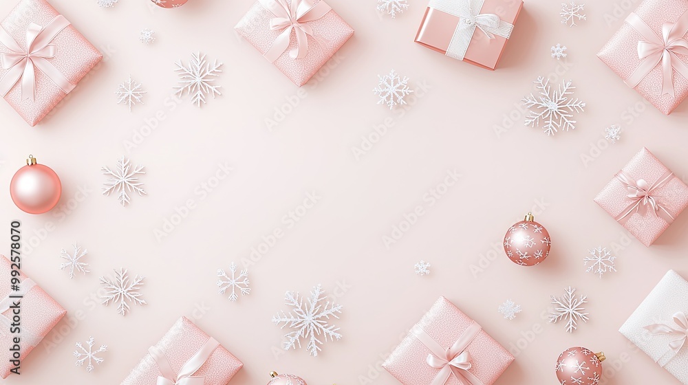 A flat lay of pink and silver Christmas gifts surrounded by snowflakes and ornaments on a soft pastel background. A flat lay of pink and silver Christmas gifts surrounded by snowflakes and ornaments on a soft pastel background.