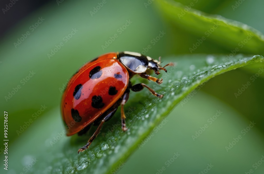Fototapeta premium Close-Up of a Red Ladybug with Black Spots on a Green Leaf
