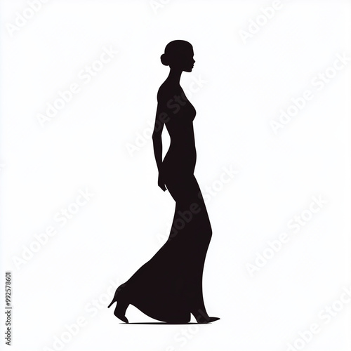 A minimalist black silhouette of a tall female fashion model walking confidently down the runway