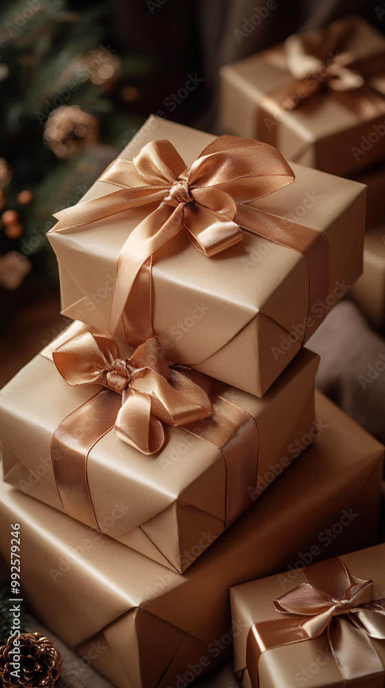 Brown gift boxes stacked in various sizes wrapped in matte kraft paper with satin ribbons, creating a cozy and festive atmosphere. Perfect for holiday celebrations and gifts. Brown gift boxes stacked in various sizes wrapped in matte kraft paper with satin ribbons, creating a cozy and festive atmosphere. Perfect for holiday celebrations and gifts.