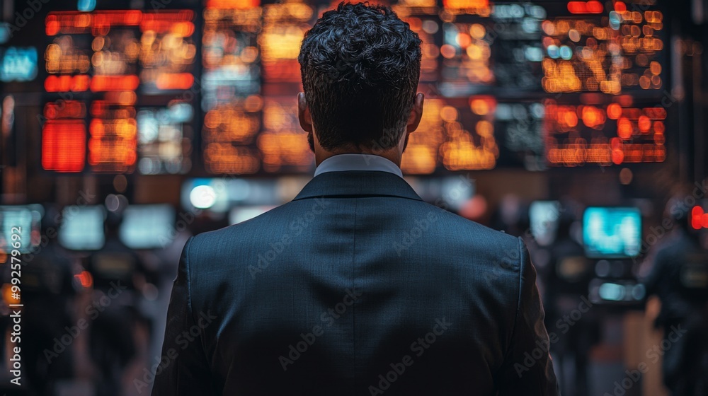 A Man in a Suit Looking at a Large Screen A Man in a Suit Looking at a Large Screen