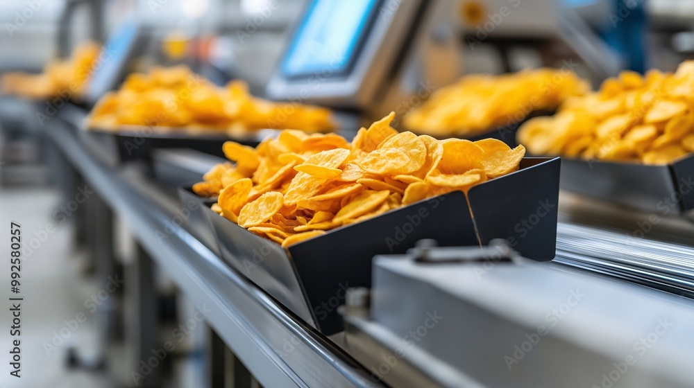 Freshly Made Potato Chips on Production Line Freshly Made Potato Chips on Production Line