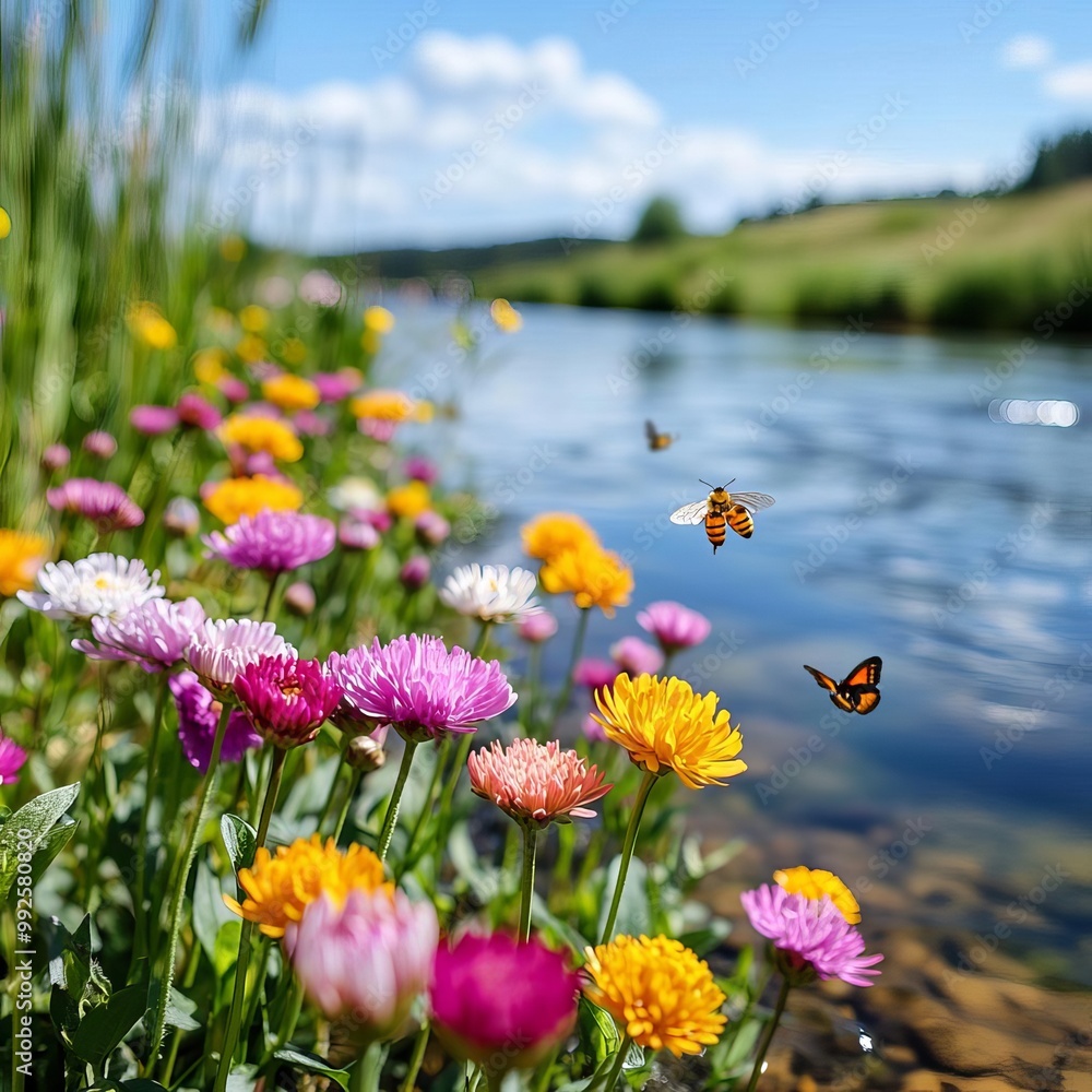 Obraz premium Brightly colored flowers growing along the banks of a clean river, bees buzzing, butterflies flying, a vibrant and lively scene