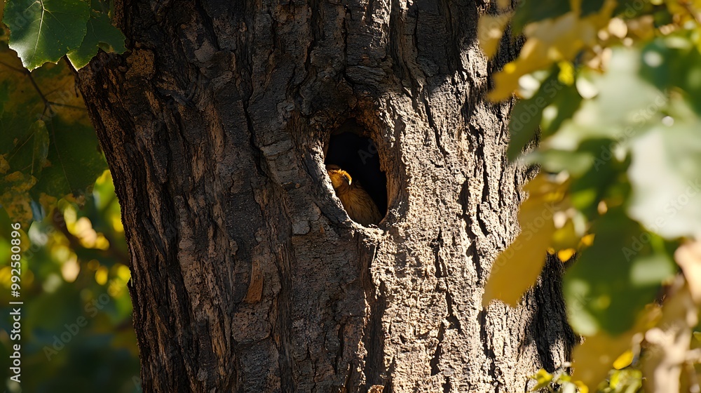 Fototapeta premium Bird Hiding In Tree Trunk Hole With Green Leaves