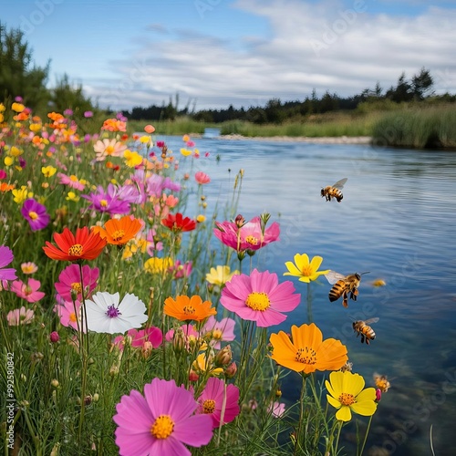 Brightly colored flowers growing along the banks of a clean river, bees buzzing, butterflies flying, a vibrant and lively scene