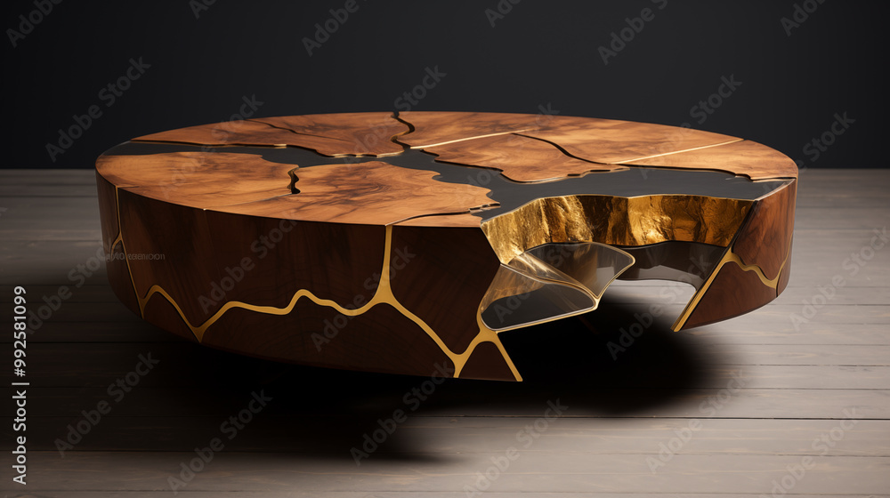 Modern Round Coffee Table with Gold Inlay and Black Resin Modern Round Coffee Table with Gold Inlay and Black Resin