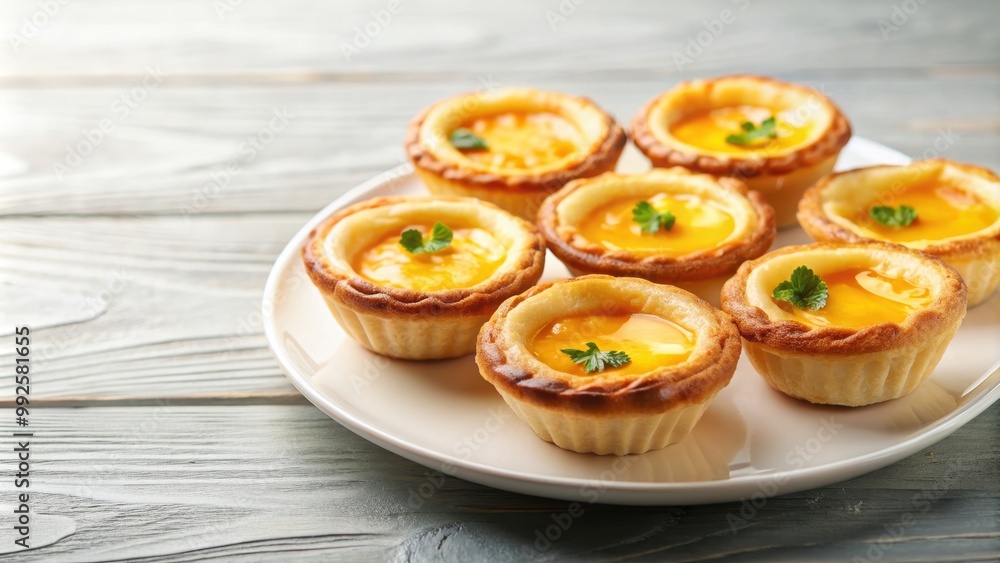 Delicious egg tarts served on a white plate, egg tarts, dessert, pastry, sweet, baked, flaky crust, custard Delicious egg tarts served on a white plate, egg tarts, dessert, pastry, sweet, baked, flaky crust, custard