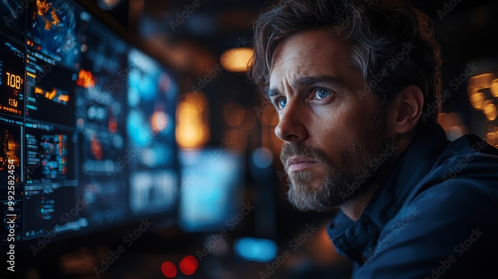 Focused Man Gazing at Computer Screens Focused Man Gazing at Computer Screens