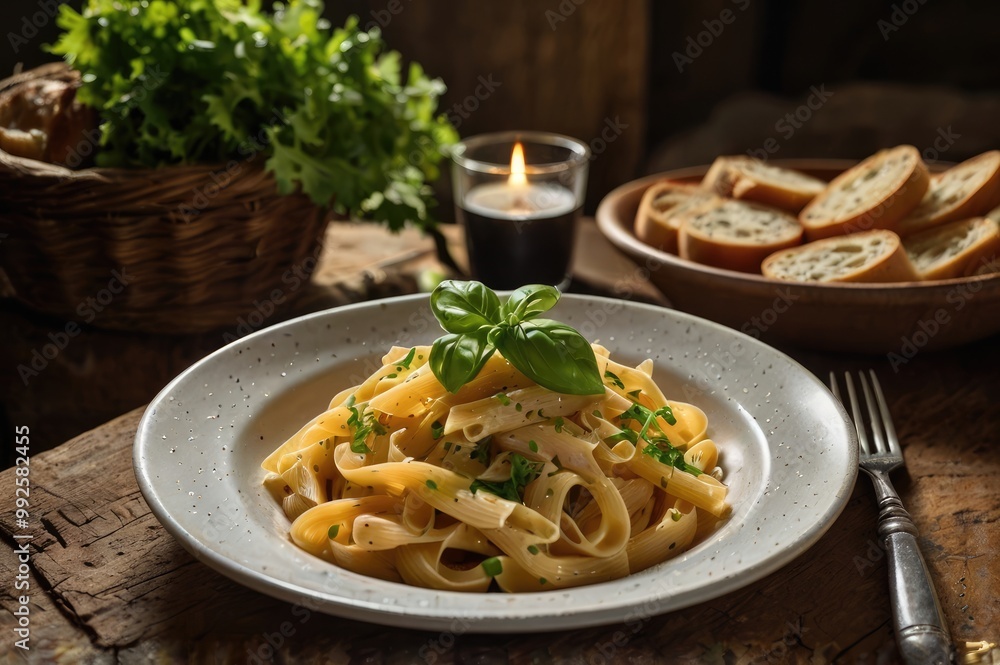 Rustic Italian Spaghetti Dish with Basil Garnish in Sunlit Kitchen Rustic Italian Spaghetti Dish with Basil Garnish in Sunlit Kitchen