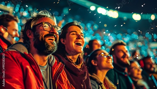 Vibrant celebration of fans and audience in a soccer stadium illuminated by colorful spotlights during an exciting game