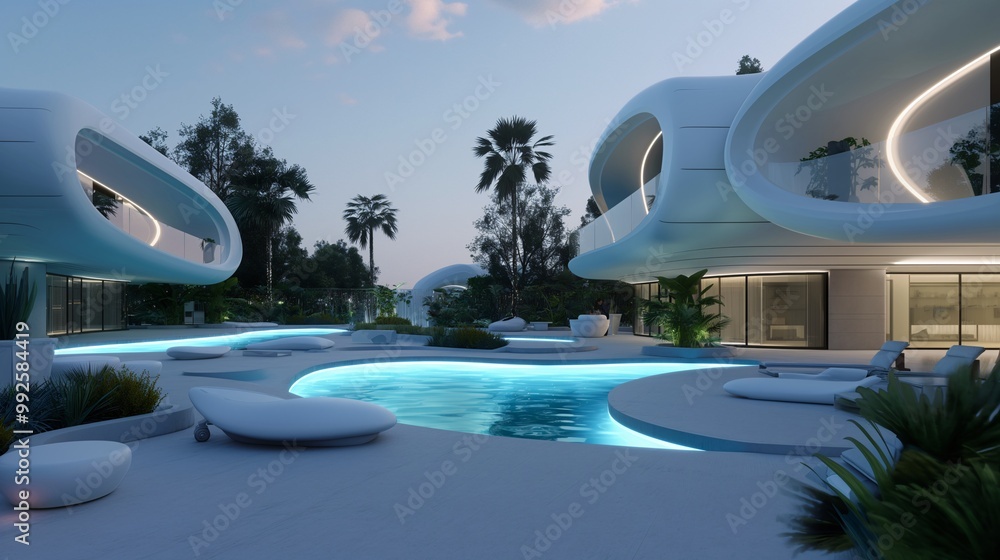 Fototapeta premium Modern Luxury Poolside at Sunset with Futuristic Design