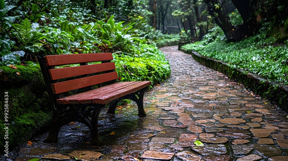 Wooden Bench on Stone Path in Lush Green Forest After Rain
