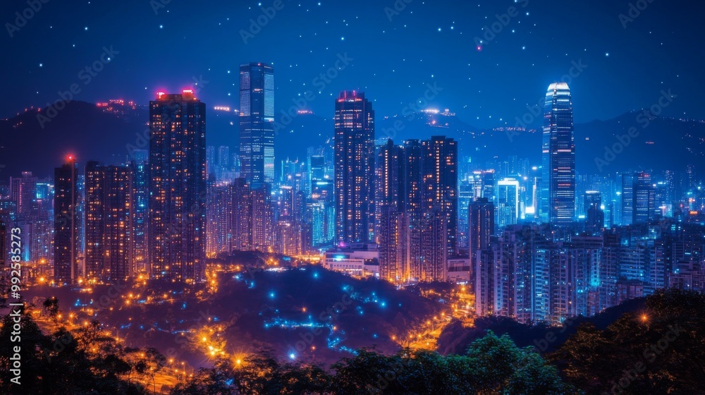 Fototapeta premium Night City Skyline with Starry Sky